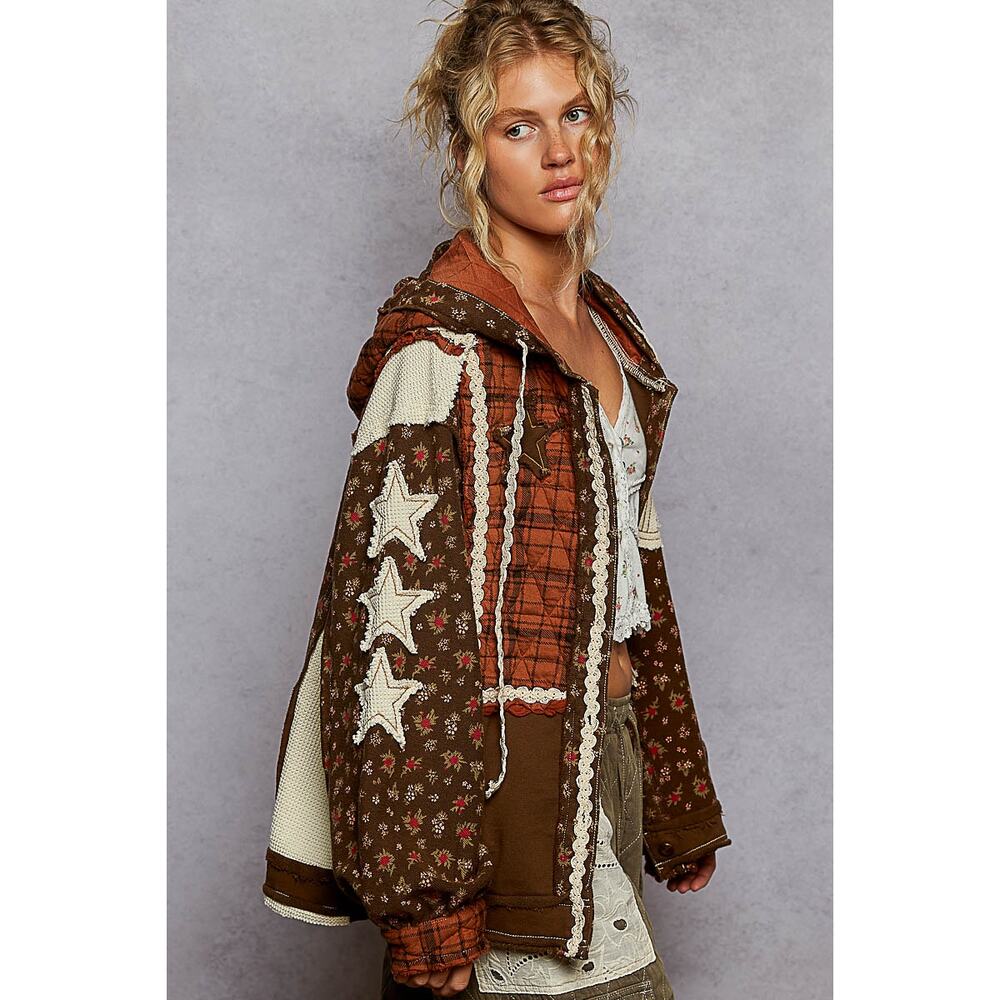 1J***POL hooded long balloon sleeve in printed terry with star & peace patch - Picture 2 of 5